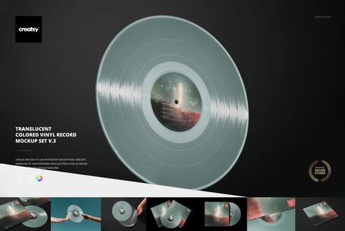 Single translucent vinyl record mockup displayed upright, highlighting its clear material and central label.