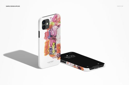 PSD mockup featuring iPhone 12 matte snap case with vivid multicolor design, displayed from two different angles.