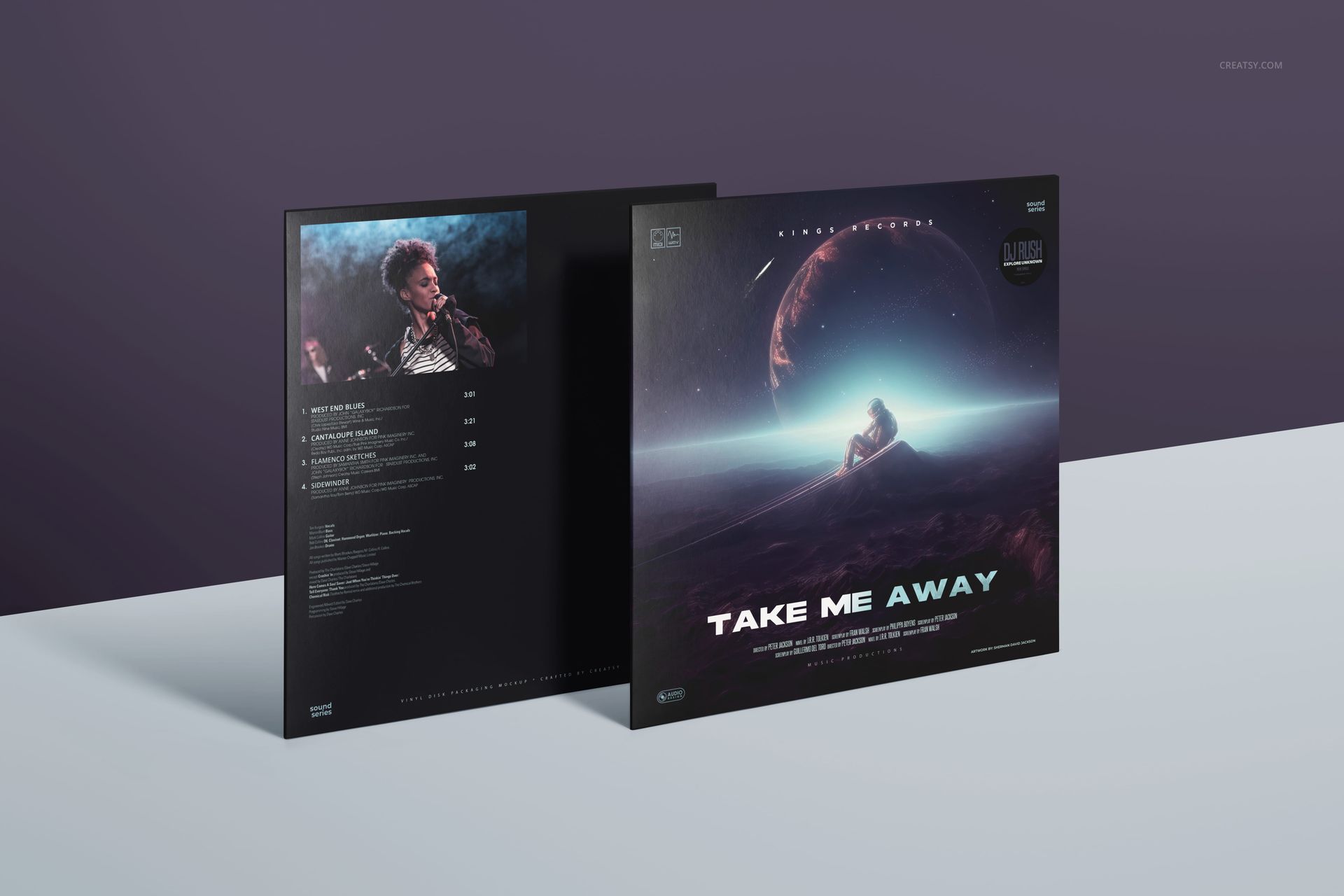 Black vinyl record mockup featuring a square album cover with cosmic artwork and tracklist, displayed on a flat surface.