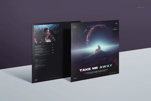 Black vinyl record mockup featuring a square album cover with cosmic artwork and tracklist, displayed on a flat surface.