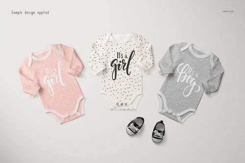 PSD mockup showing three baby long sleeve onesies in pink, cream, and gray with dotted patterns, arranged side by side.