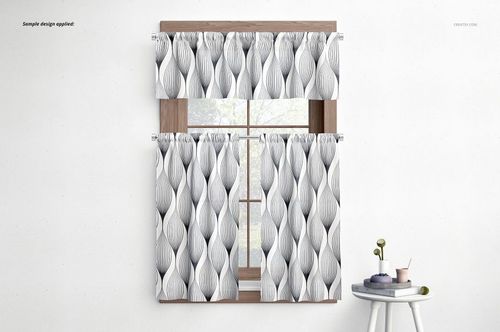 Valance and cafe curtains mockup set on a window, displaying a repeating abstract gray and white design.