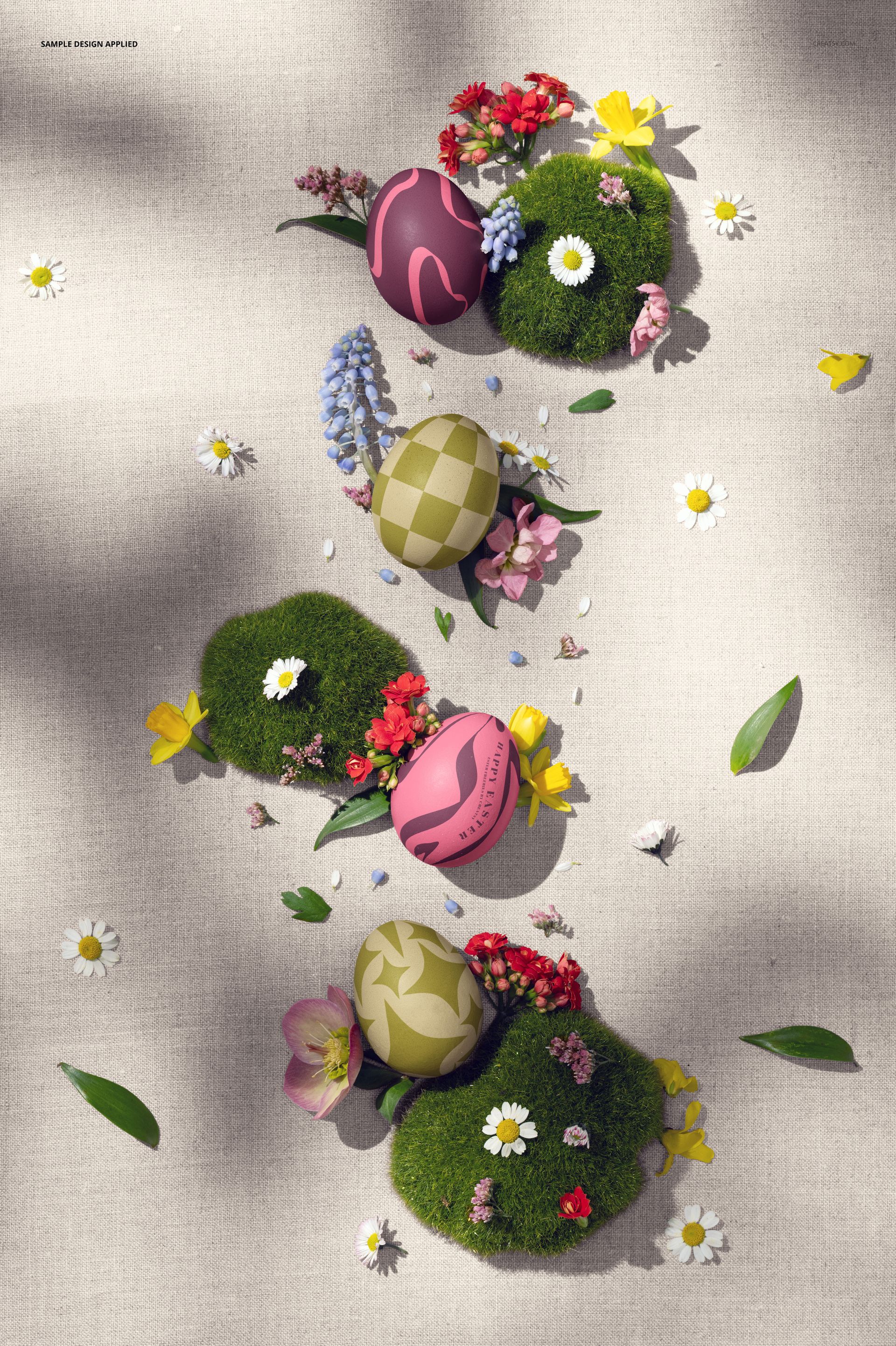 PSD mockup featuring decorated Easter eggs, green moss, and assorted flowers in a top-down scene on neutral cloth.