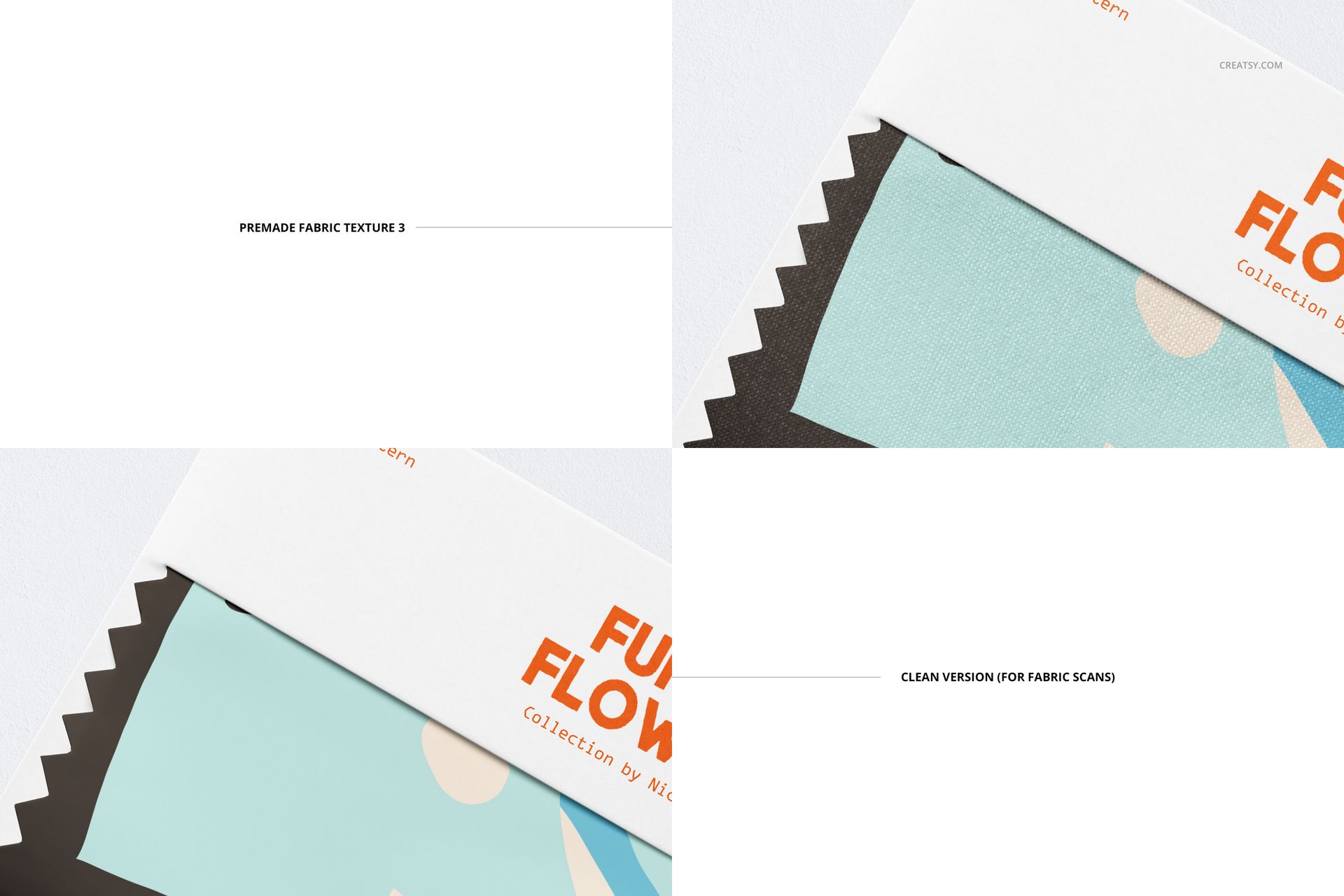 Fabric swatch mockup featuring two close-up views of rectangular fabric samples with zigzag edges and paper labels.