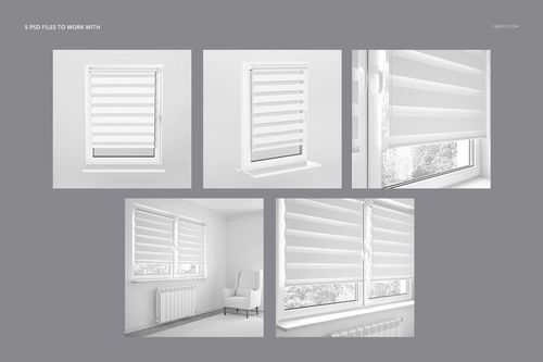 Roller blind mockup set featuring five views of white blinds in a modern room, including close-ups and wide shots.