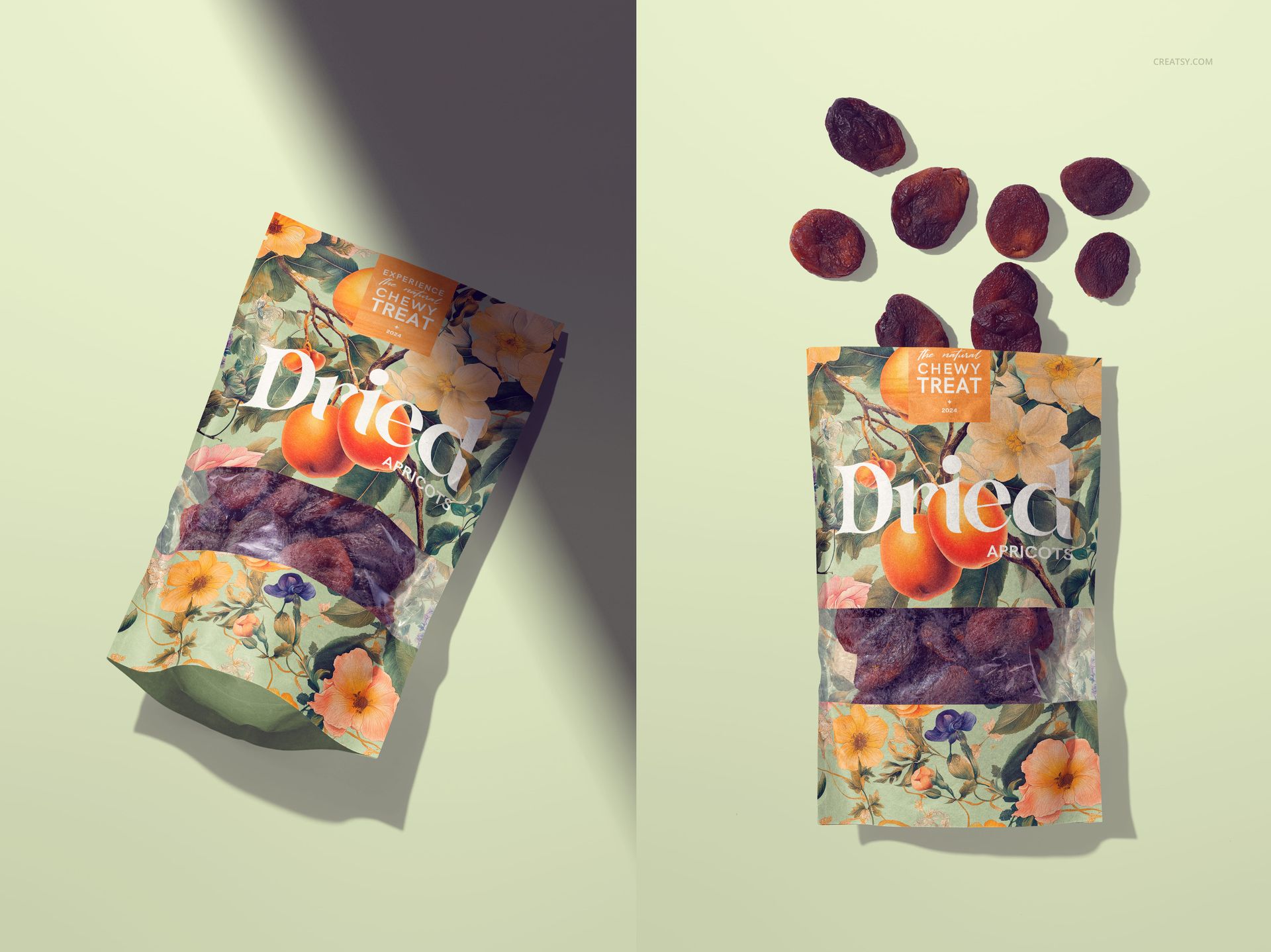 Front and top views of a paper pouch mockup with dried apricots, featuring a floral pattern and apricot illustrations.