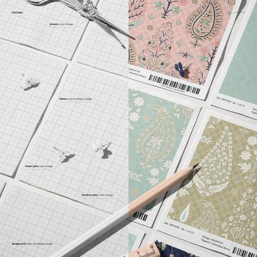 Cotton fabric swatches mockup displayed from an angled perspective, showing various decorative patterns and colors.