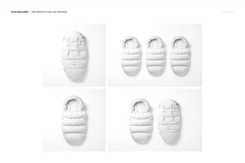 PSD mockup featuring multiple white baby footmuffs in assorted positions, highlighting their quilted texture and shape.