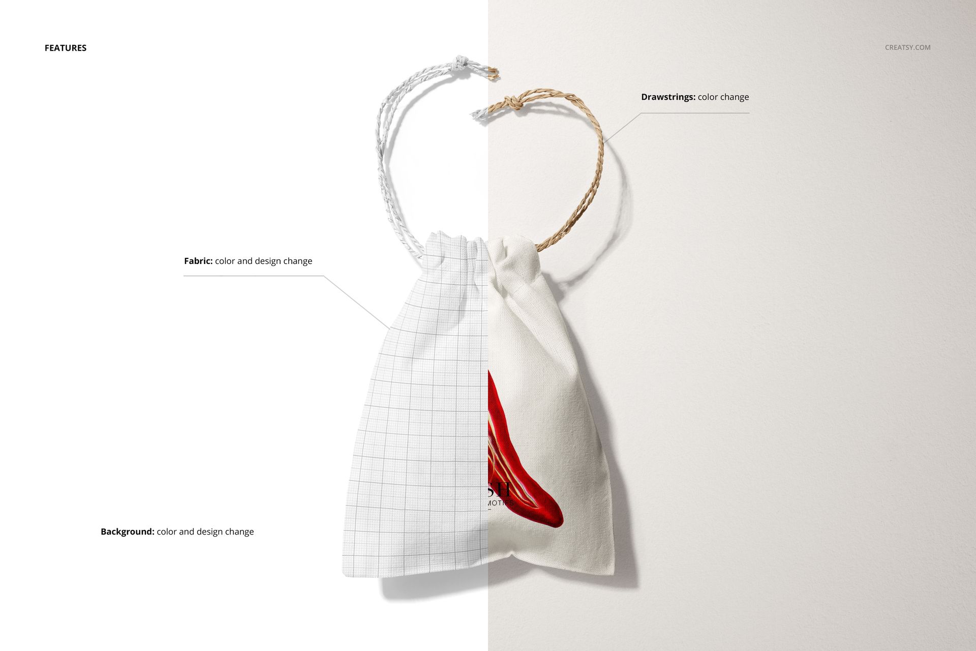 Linen drawstring pouch mockup shown from a top angle, split design with grid pattern and custom artwork, on a light background.