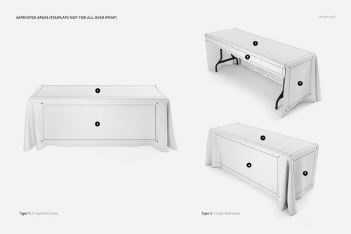 White tablecloth mockup set with runner displayed on rectangular tables, showing imprint areas from various angles.
