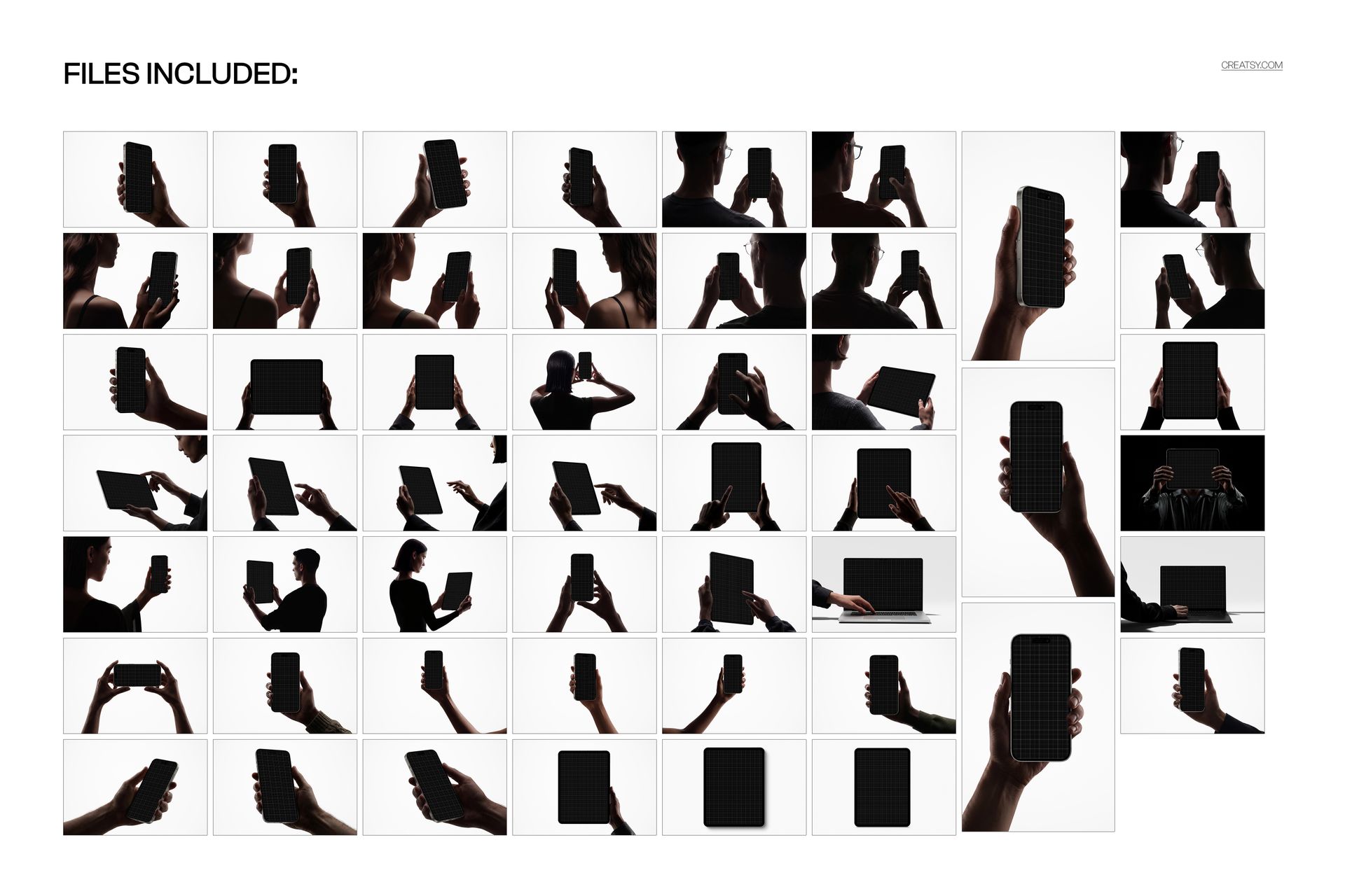 Grid of backlit mockup images showing hands holding iPhone, iPad Pro, and laptop devices against a white background.