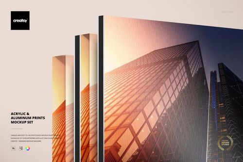 Stacked acrylic and aluminum print mockups with a modern building pattern, viewed from the edge perspective.