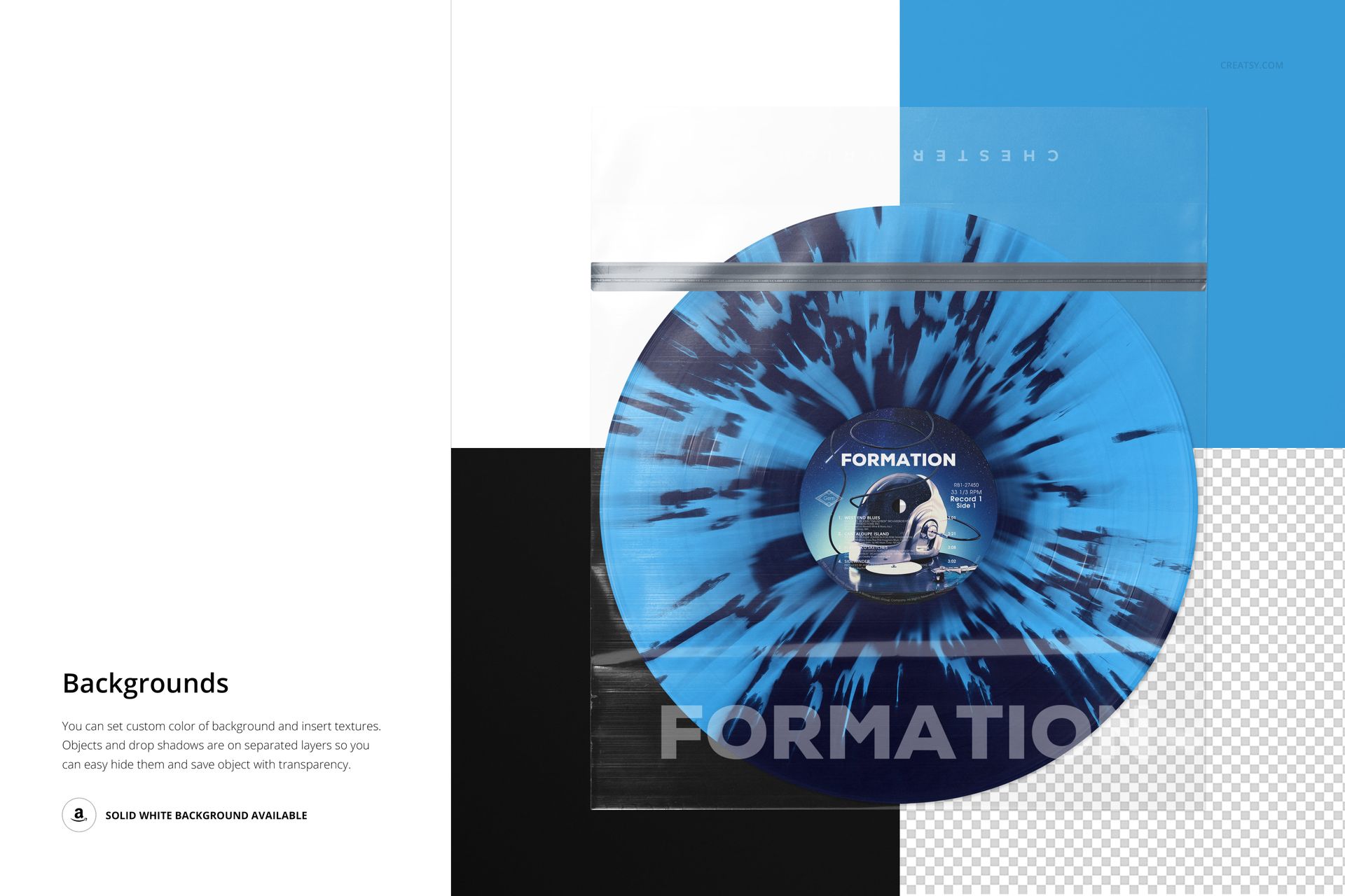 PSD mockup featuring a blue and black vinyl record in a clear sleeve with top flap, set against a multi-color background.