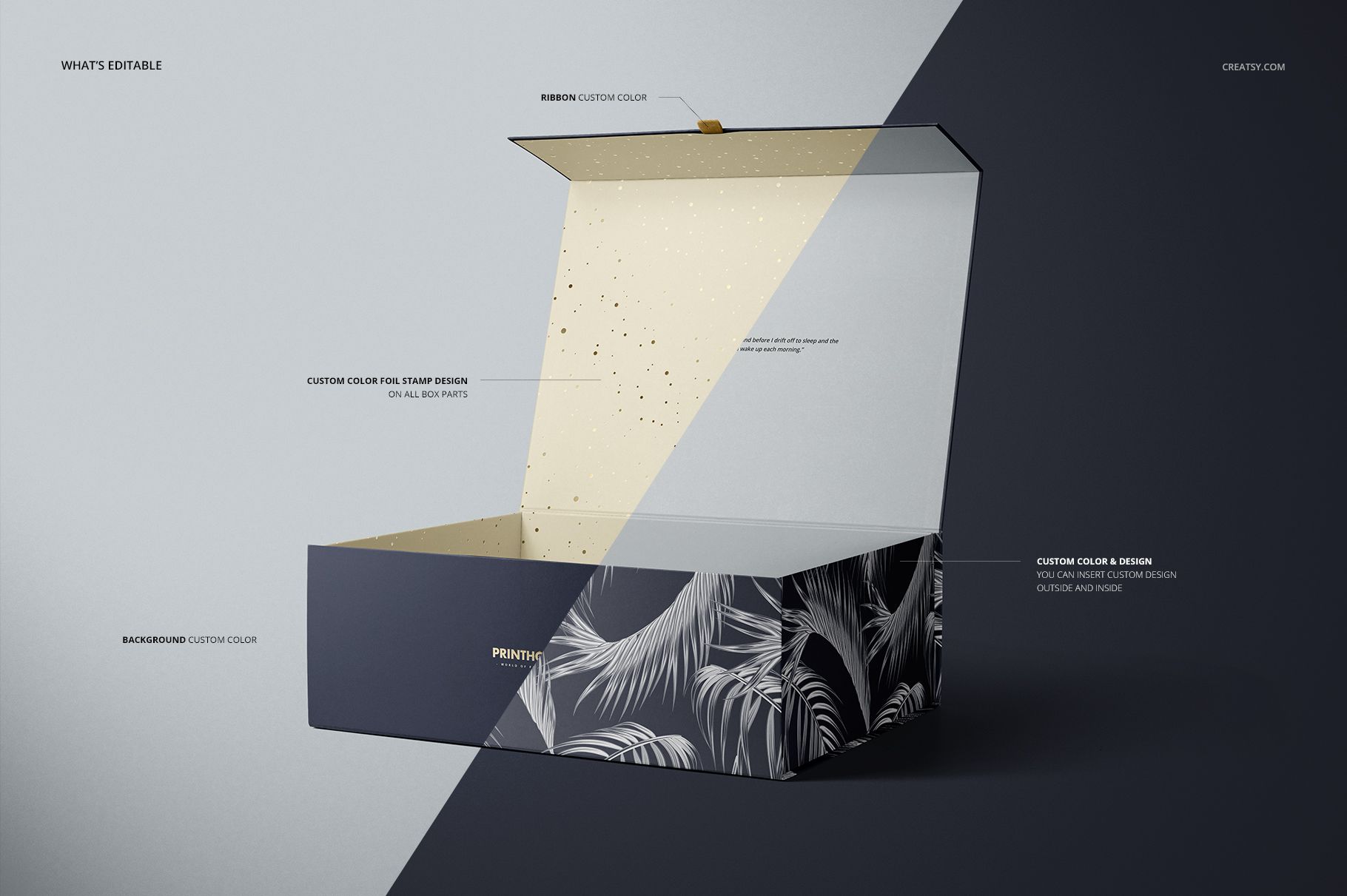 Rectangular magnetic gift box mockup shown with lid open, featuring a split design and neutral colors on a minimal background.