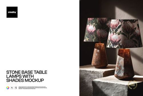 Stone base table lamps mockup featuring textured lamp bases and floral fabric shades, illuminated on a neutral surface.