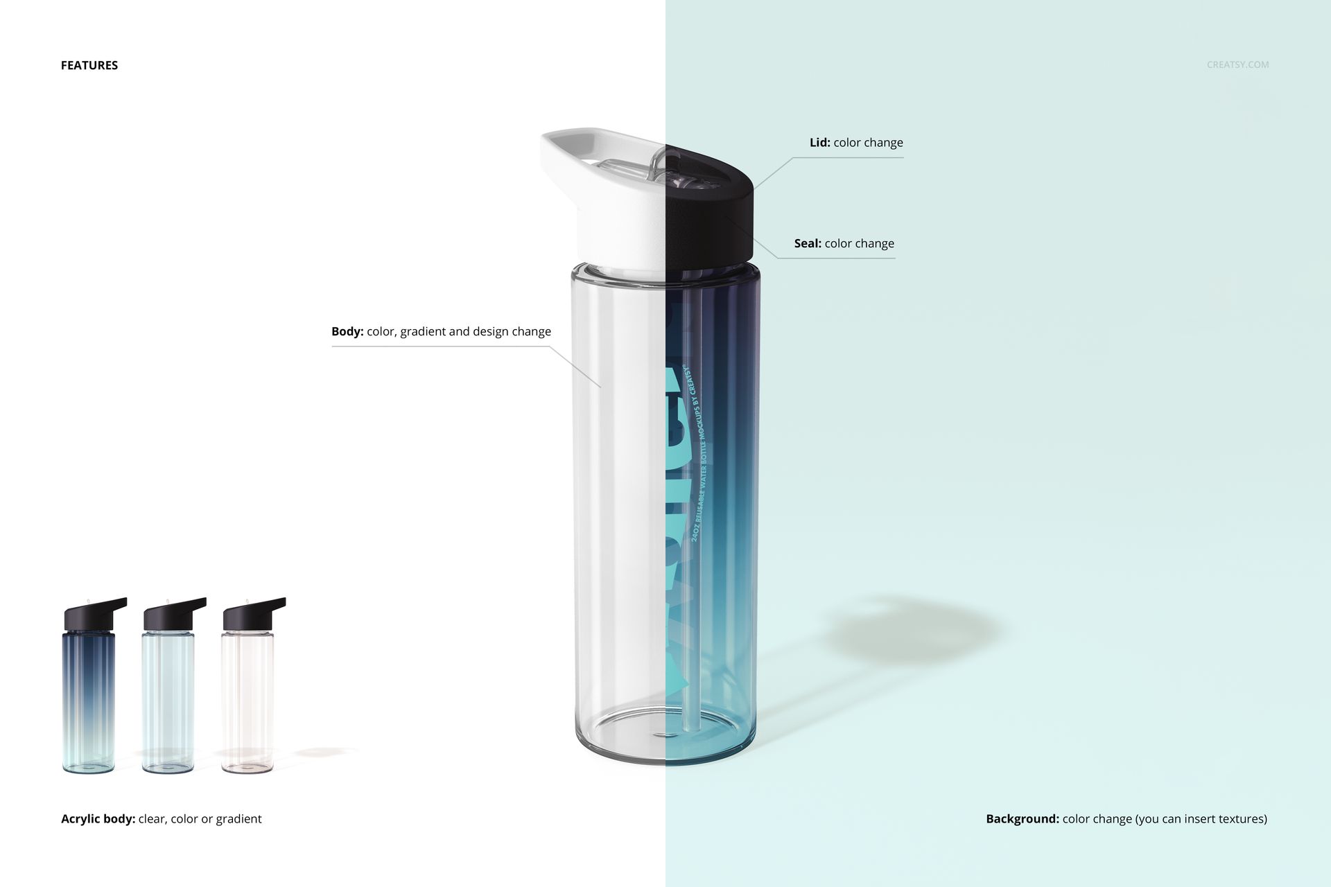 Front view of a 24 oz reusable water bottle mockup with a transparent and gradient blue design, black lid, and minimal background.