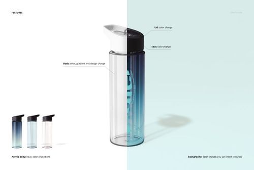 Front view of a 24 oz reusable water bottle mockup with a transparent and gradient blue design, black lid, and minimal background.