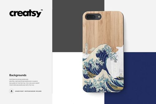 Mockup of a wooden phone case with an artistic wave pattern, shown from the rear on neutral and white backgrounds.