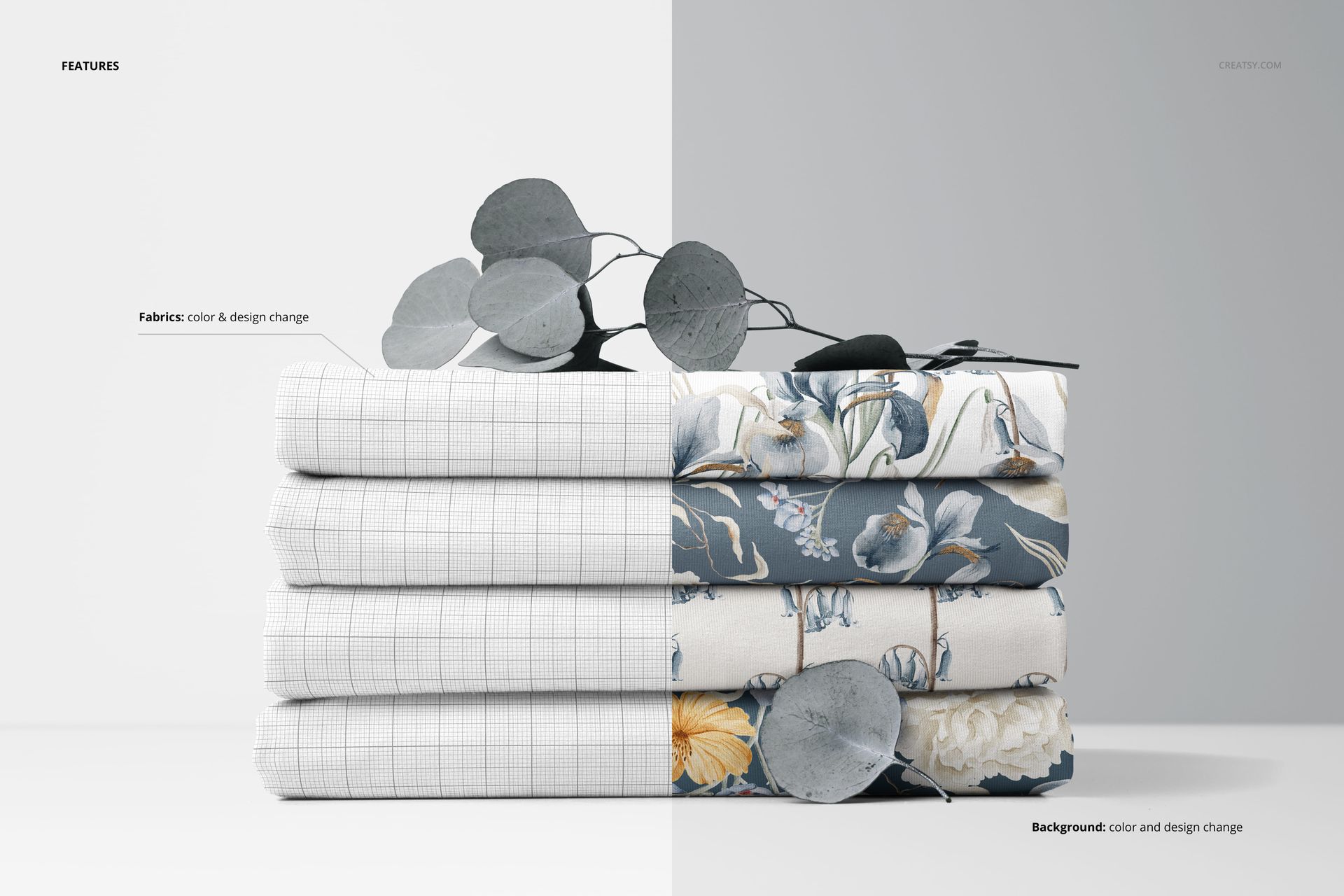 PSD mockup of stacked jersey fabrics featuring grid and floral patterns, eucalyptus leaves resting above.