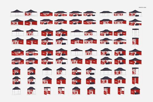 PSD mockup showing assorted pop up tents, arranged by size, with bold red and white panel artwork and dark tops.