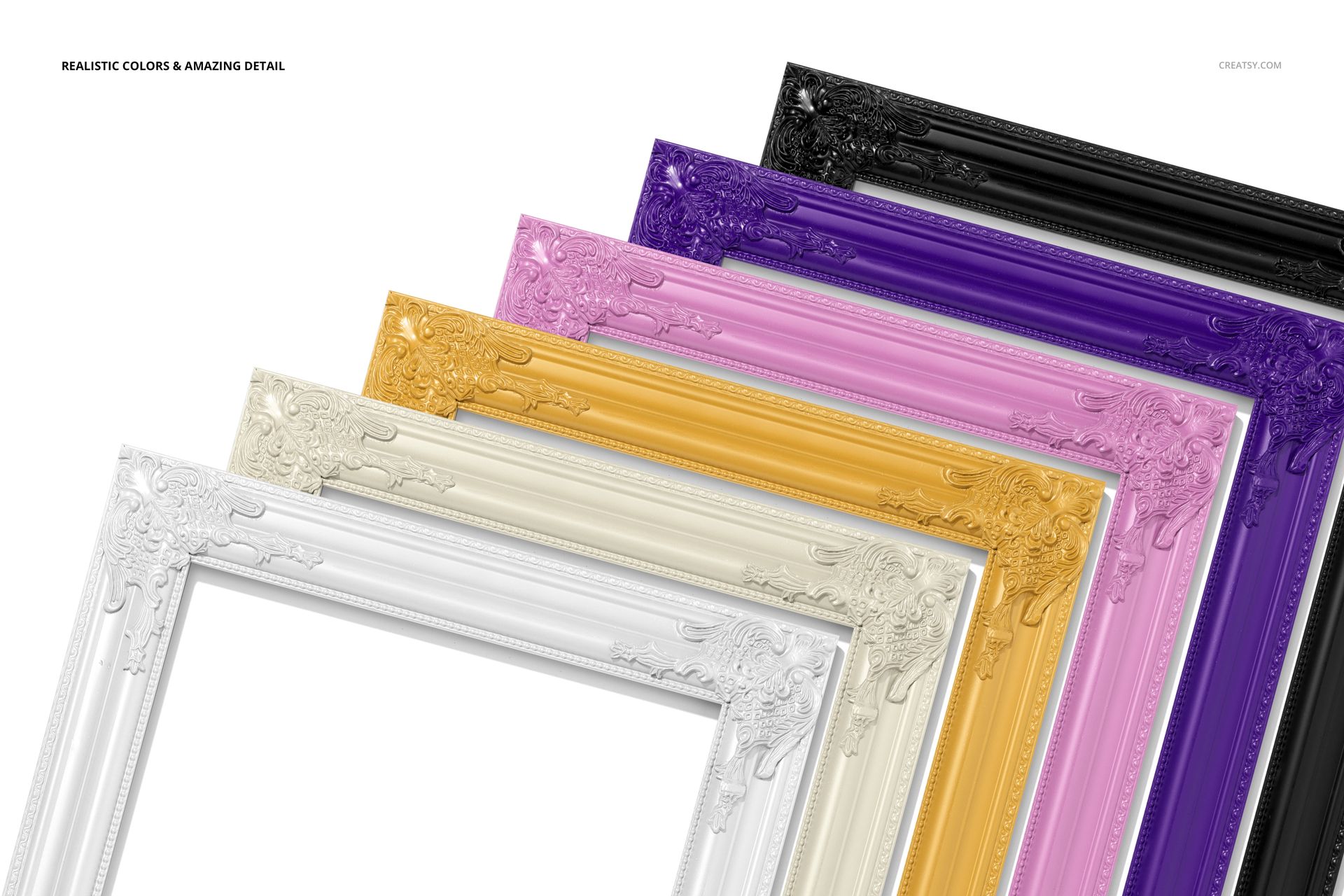 PSD mockup featuring decorative wall art frames in black, purple, gold, cream, and white, displayed in overlapping layers.