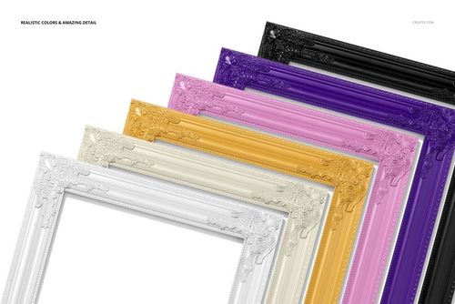 PSD mockup featuring decorative wall art frames in black, purple, gold, cream, and white, displayed in overlapping layers.
