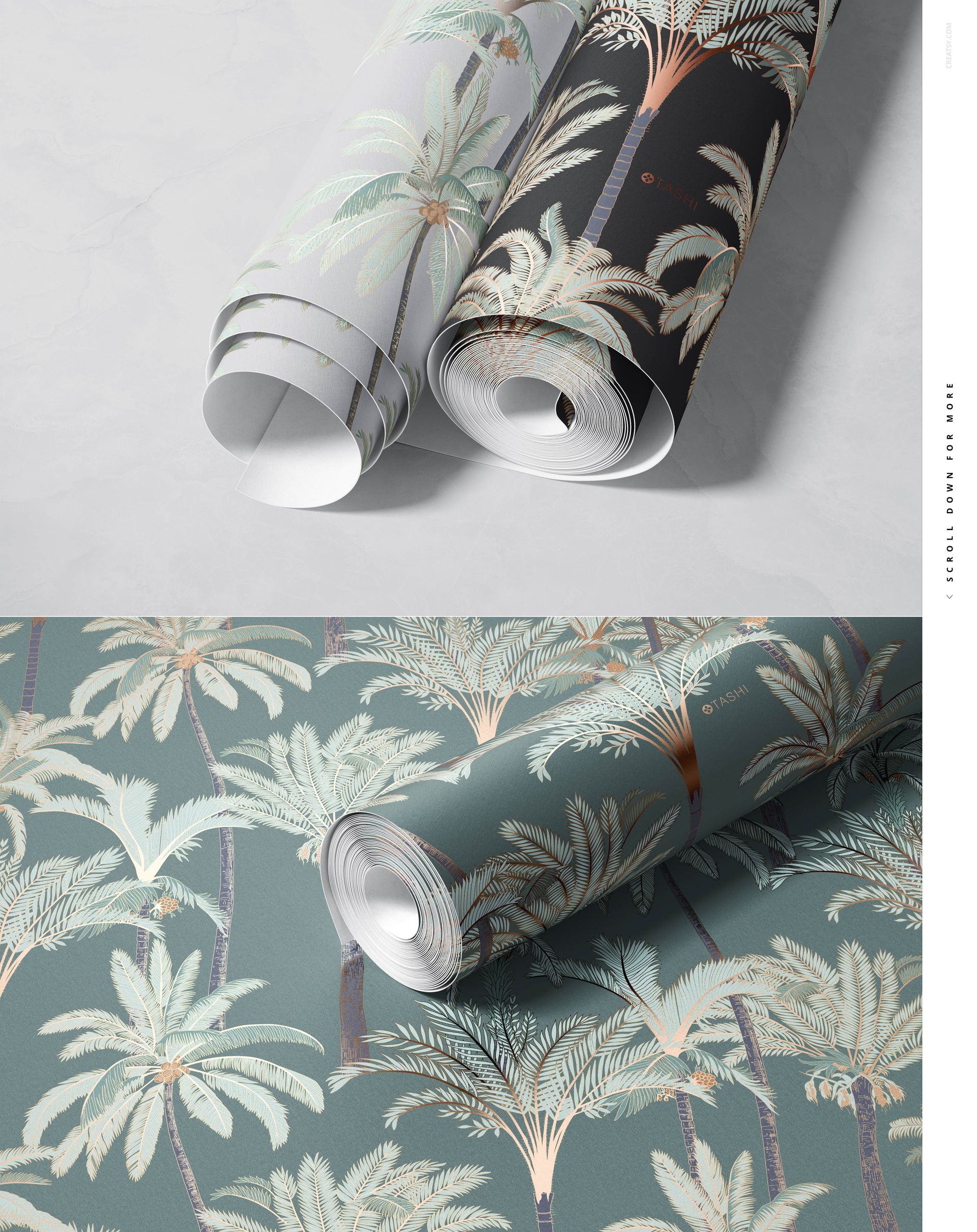 Rolled paper wallpaper mockup featuring palm tree patterns on white and black backgrounds, shown on a marble surface.