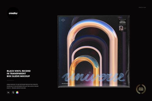 Black vinyl record in a transparent box sleeve mockup, featuring colorful curved light patterns on the cover, front view.