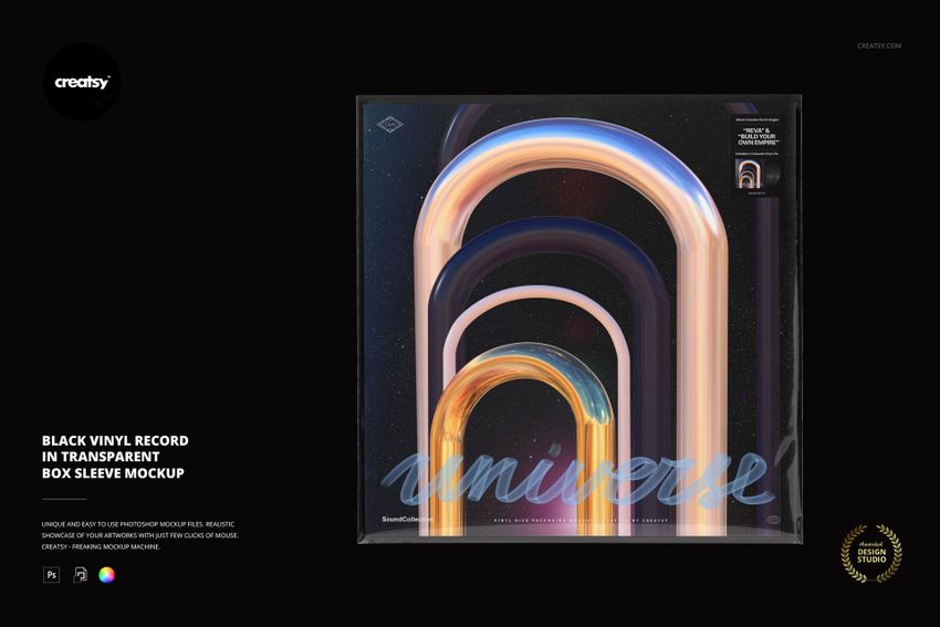 Black vinyl record in a transparent box sleeve mockup, featuring colorful curved light patterns on the cover, front view.