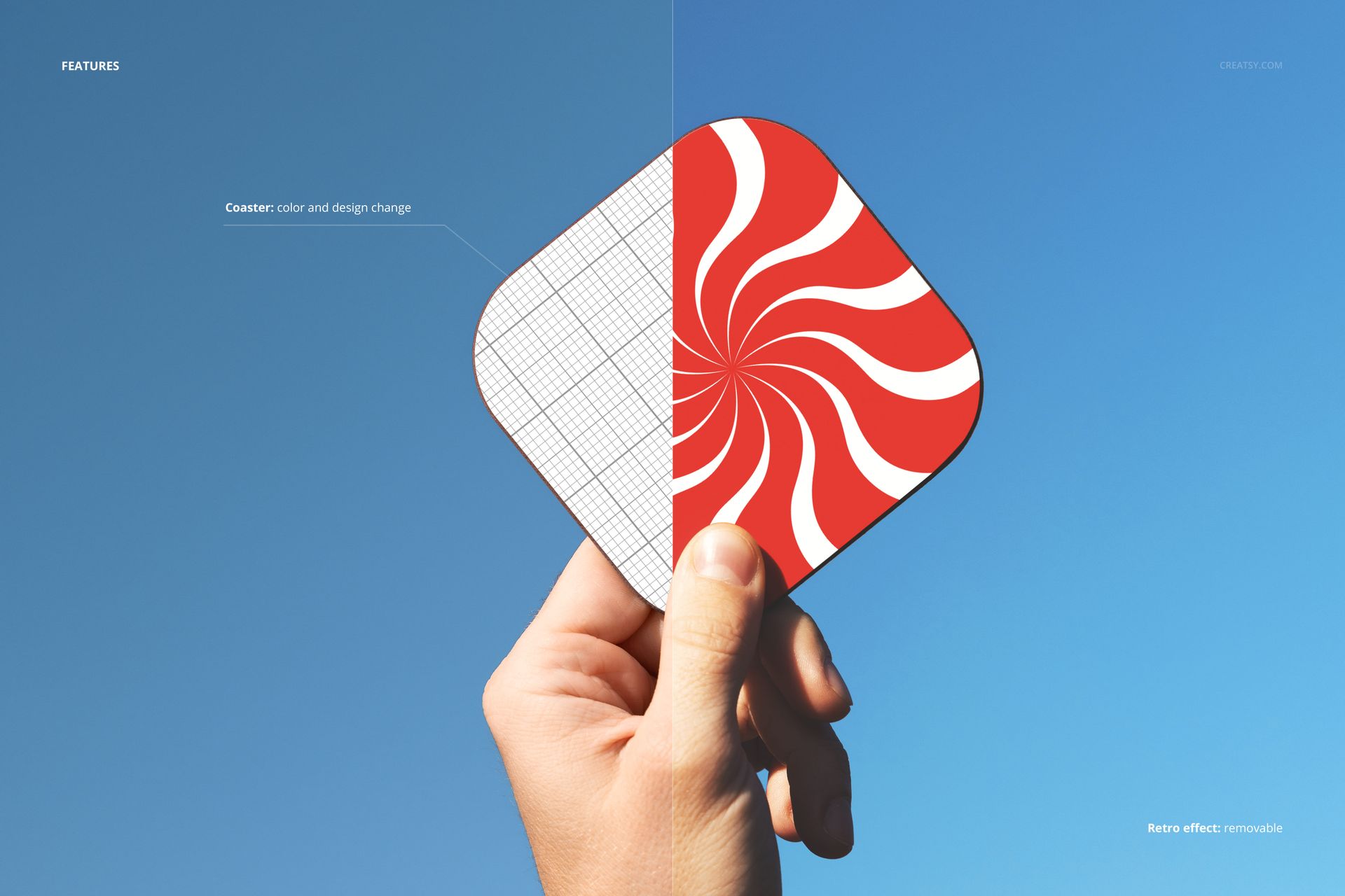 Hand holding a square bar coaster mockup against a clear blue sky, featuring a red and white swirl design on one side.