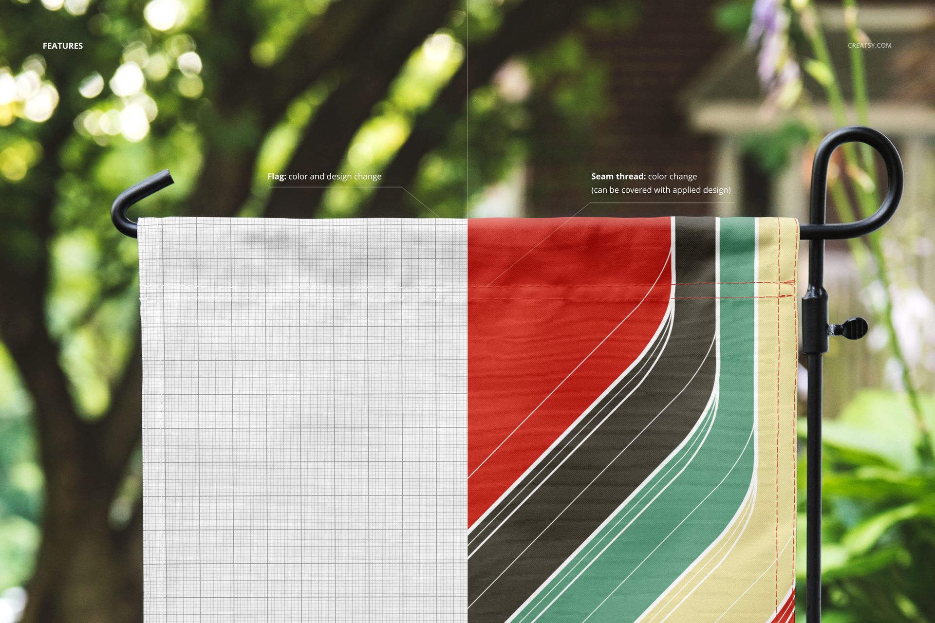 Garden yard flag mockup showing a split design with grid pattern on the left and colorful stripes on the right, outdoors.