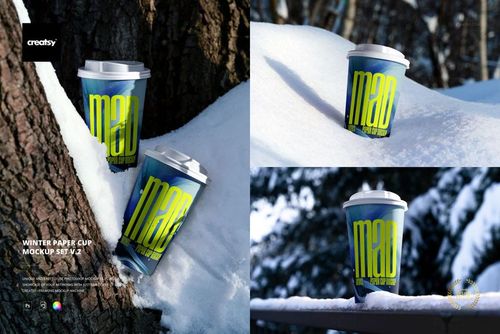 PSD mockup of paper cups featuring bold blue and yellow graphics, placed in snowy scenes and against a backdrop of trees.