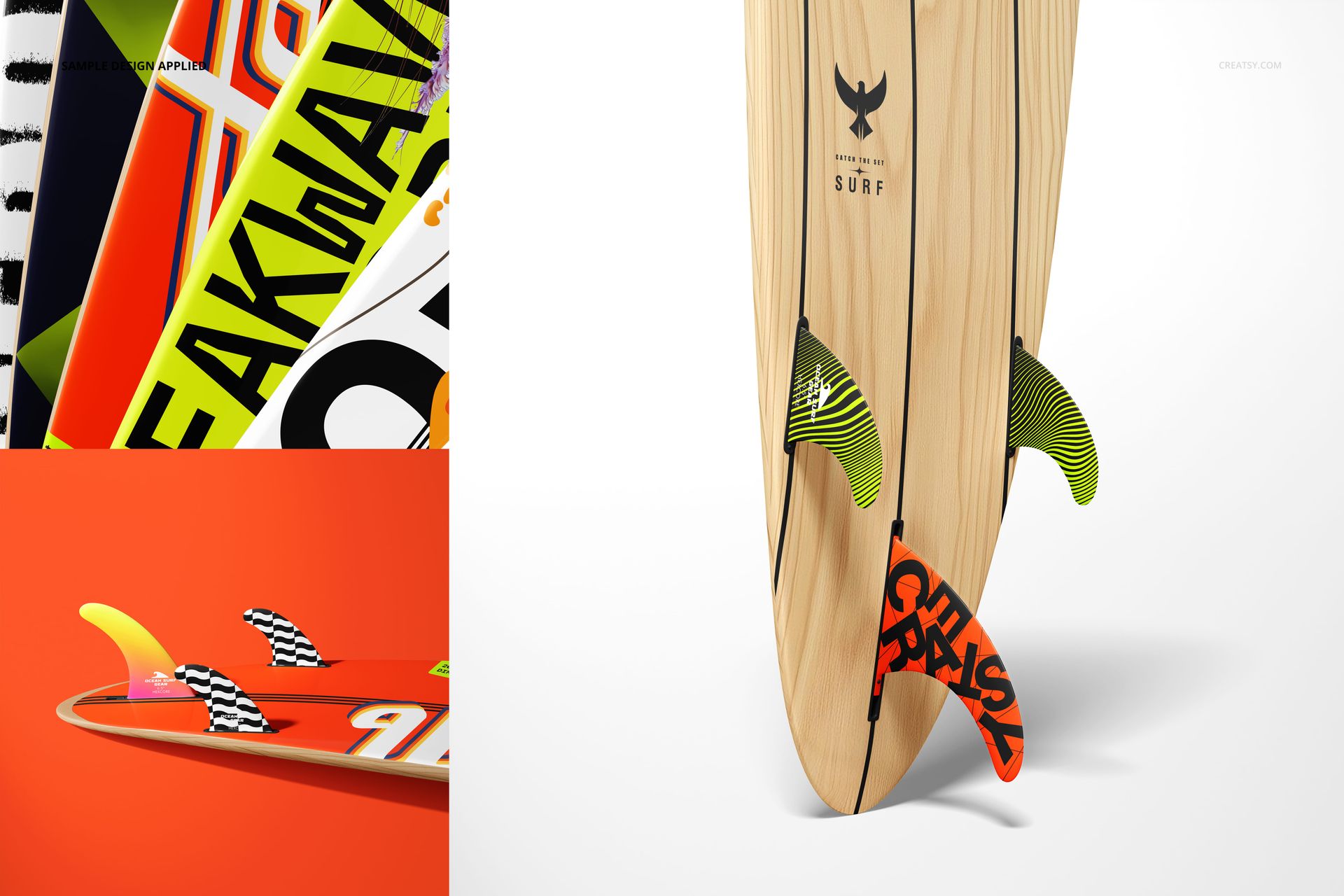 Three surfboard longboards with colorful patterns and designs, shown from a front and angled perspective in a mockup set.