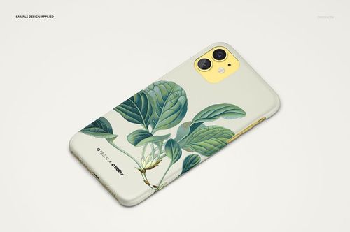 Matte snap case for iPhone 11 featuring green leaves, displayed in a PSD mockup with a soft neutral backdrop.