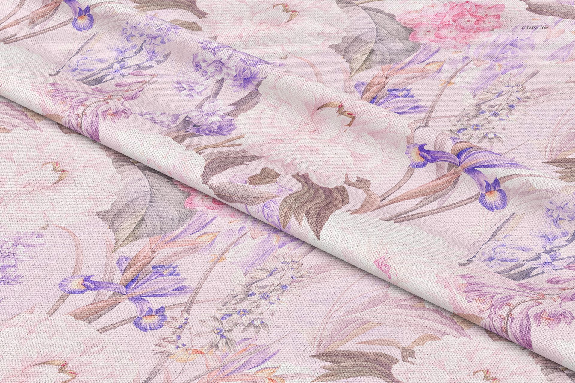 PSD mockup of curtain fabric featuring delicate flower designs in light pink and purple tones, viewed from above.
