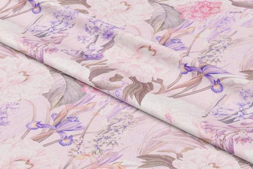 PSD mockup of curtain fabric featuring delicate flower designs in light pink and purple tones, viewed from above.