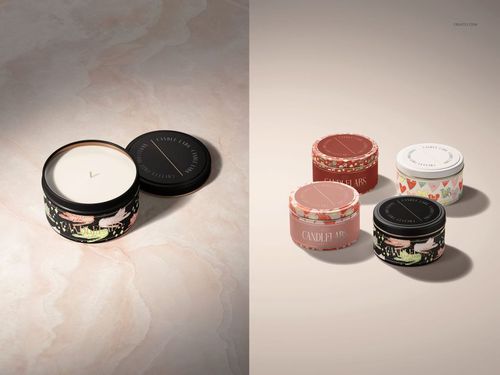 PSD mockup set of candle tins with cotton wicks, each decorated with unique patterns, arranged on a neutral background.