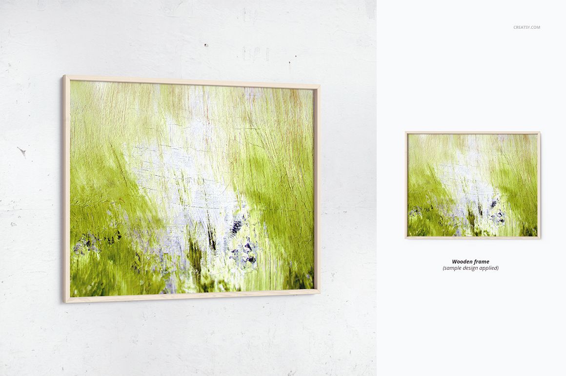 Front view of a picture thin frame mockup featuring green and white abstract art, displayed on a plain wall.