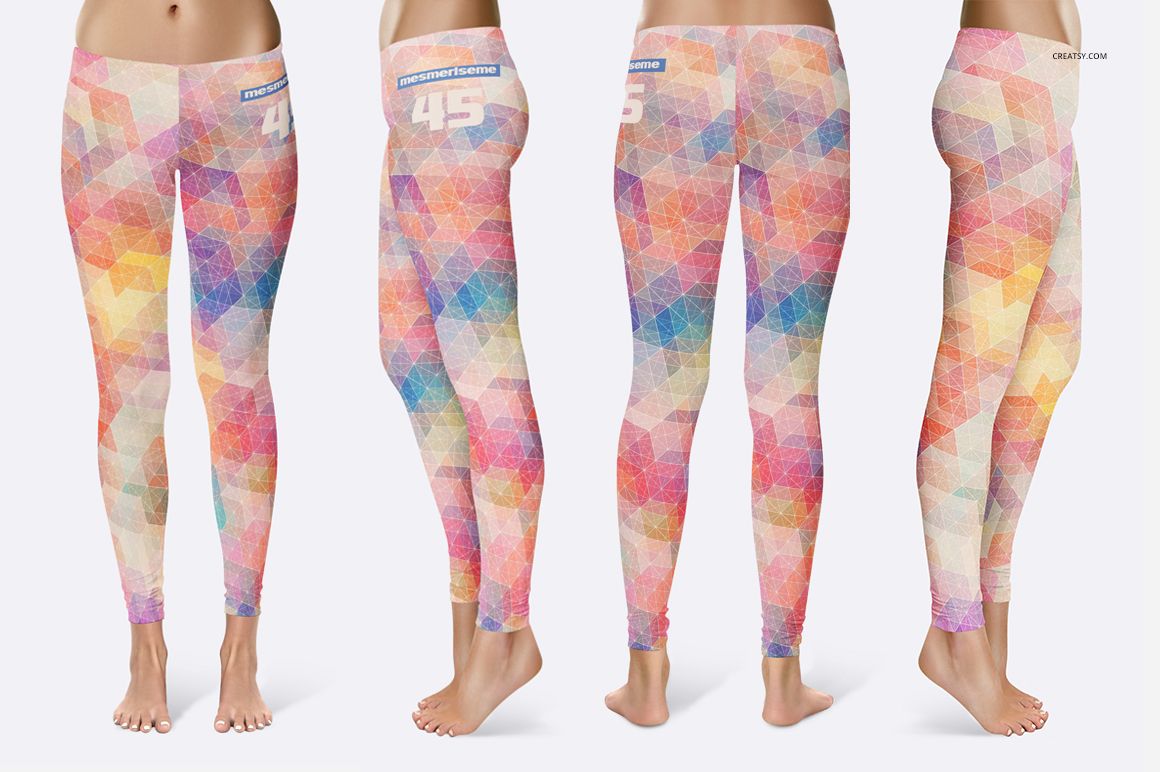 Four views of adult leggings with a multicolored geometric pattern, shown on a white background in a PSD mockup.