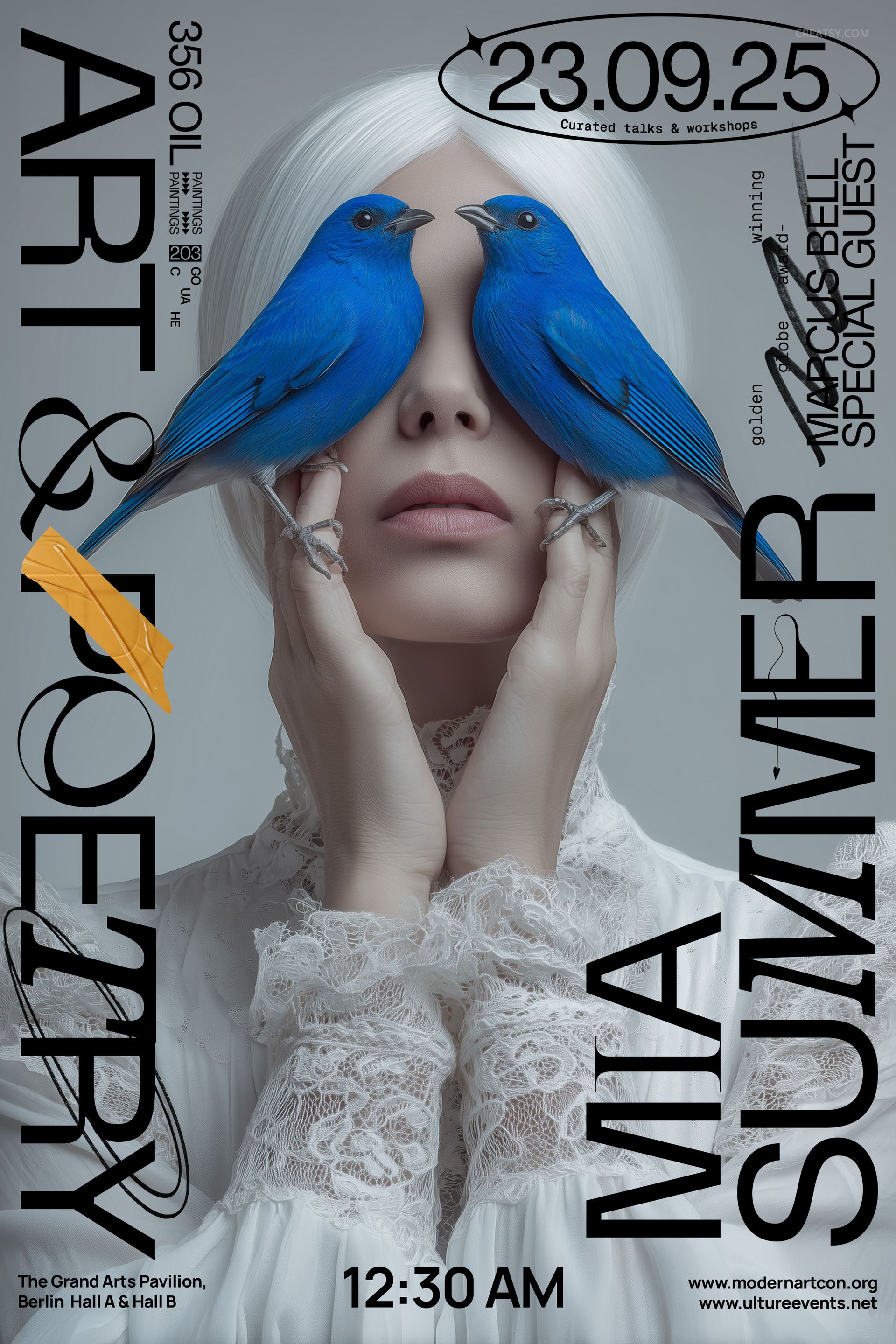 Poster mockup featuring a person in a white lace dress with blue and orange accents, front view, modern typography.