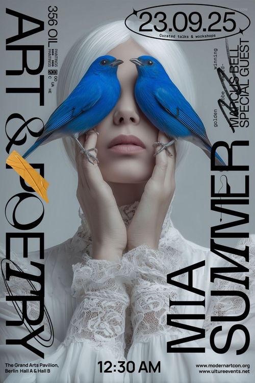 Poster mockup featuring a person in a white lace dress with blue and orange accents, front view, modern typography.