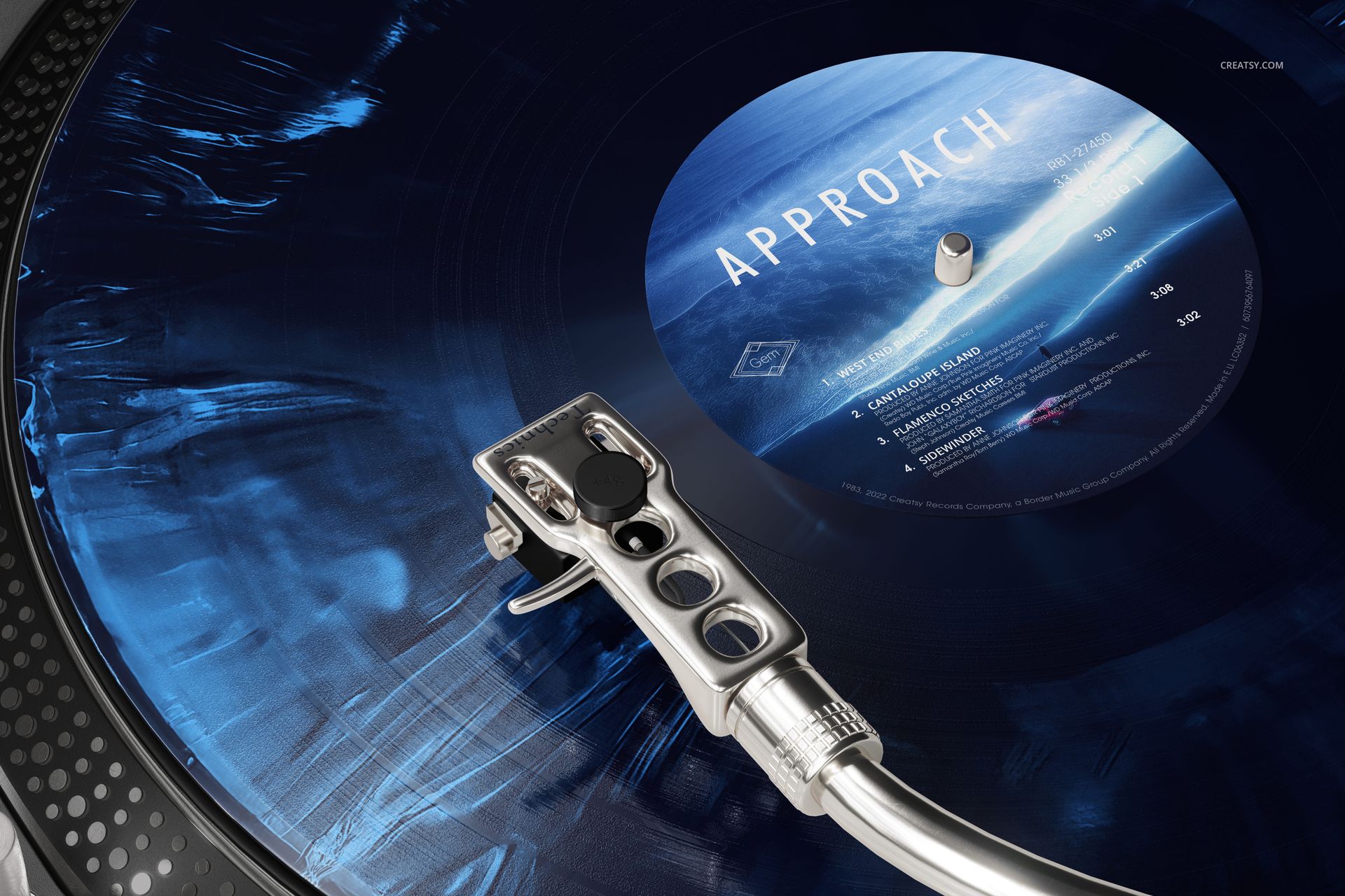 Detailed shot of a special effects vinyl record mockup with metallic DJ tonearm, featuring a blue marbled design.