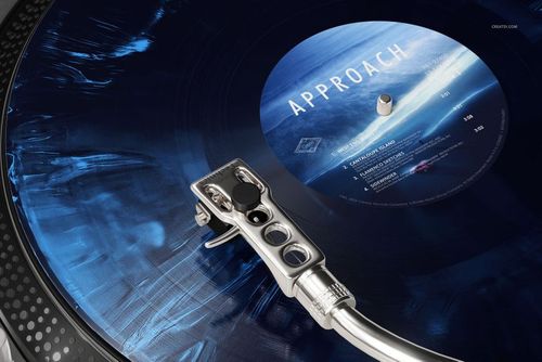 Detailed shot of a special effects vinyl record mockup with metallic DJ tonearm, featuring a blue marbled design.