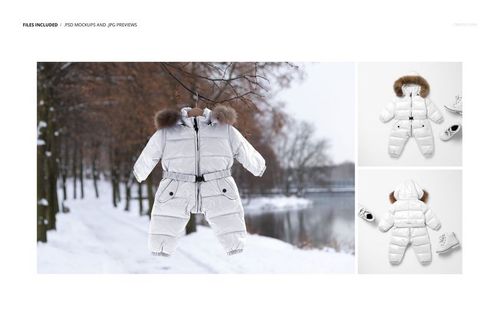 White baby snow suit with fur hood shown hanging outdoors in winter and laid flat in studio mockup images.
