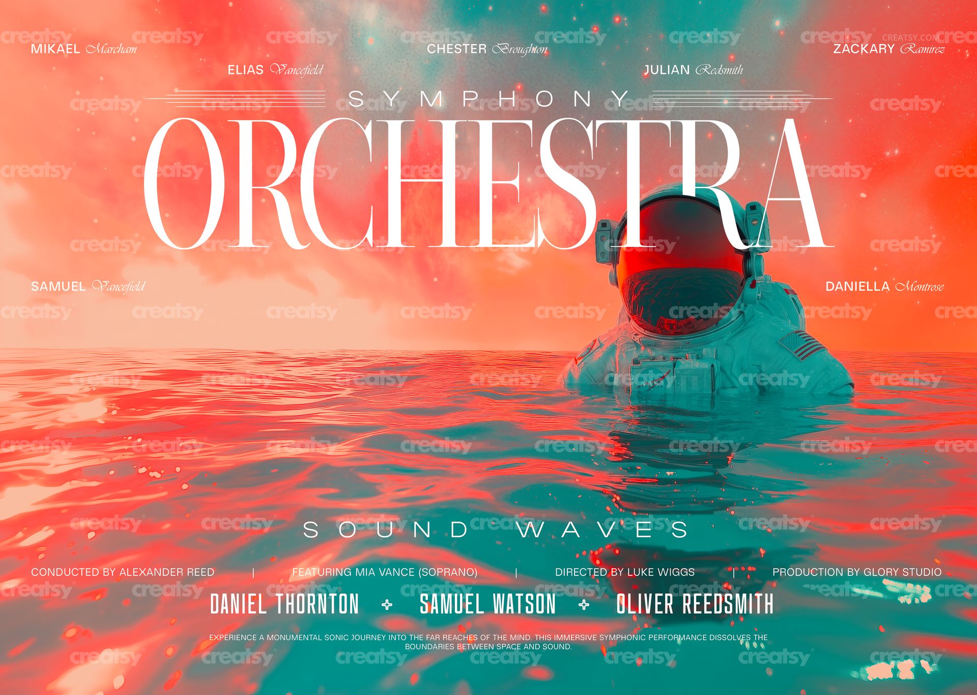 PSD mockup poster design showing an astronaut in a helmet immersed in surreal red and blue water, text overlay.
