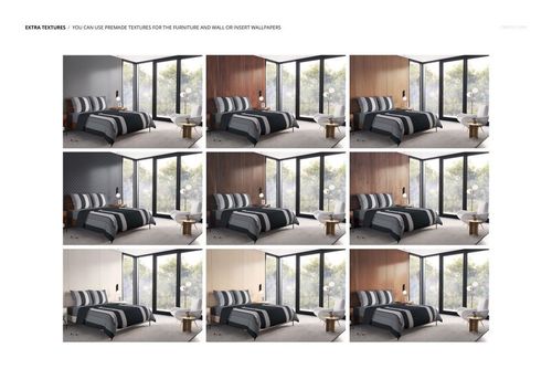 Grid of nine modern bedroom mockups featuring a bed with striped bedding, large windows, and varied wall textures.