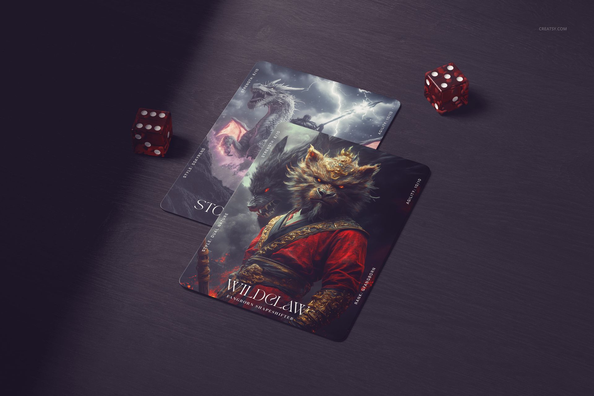 Trading cards mockup featuring detailed illustrations of mythical creatures, shown with dice on a wooden surface.