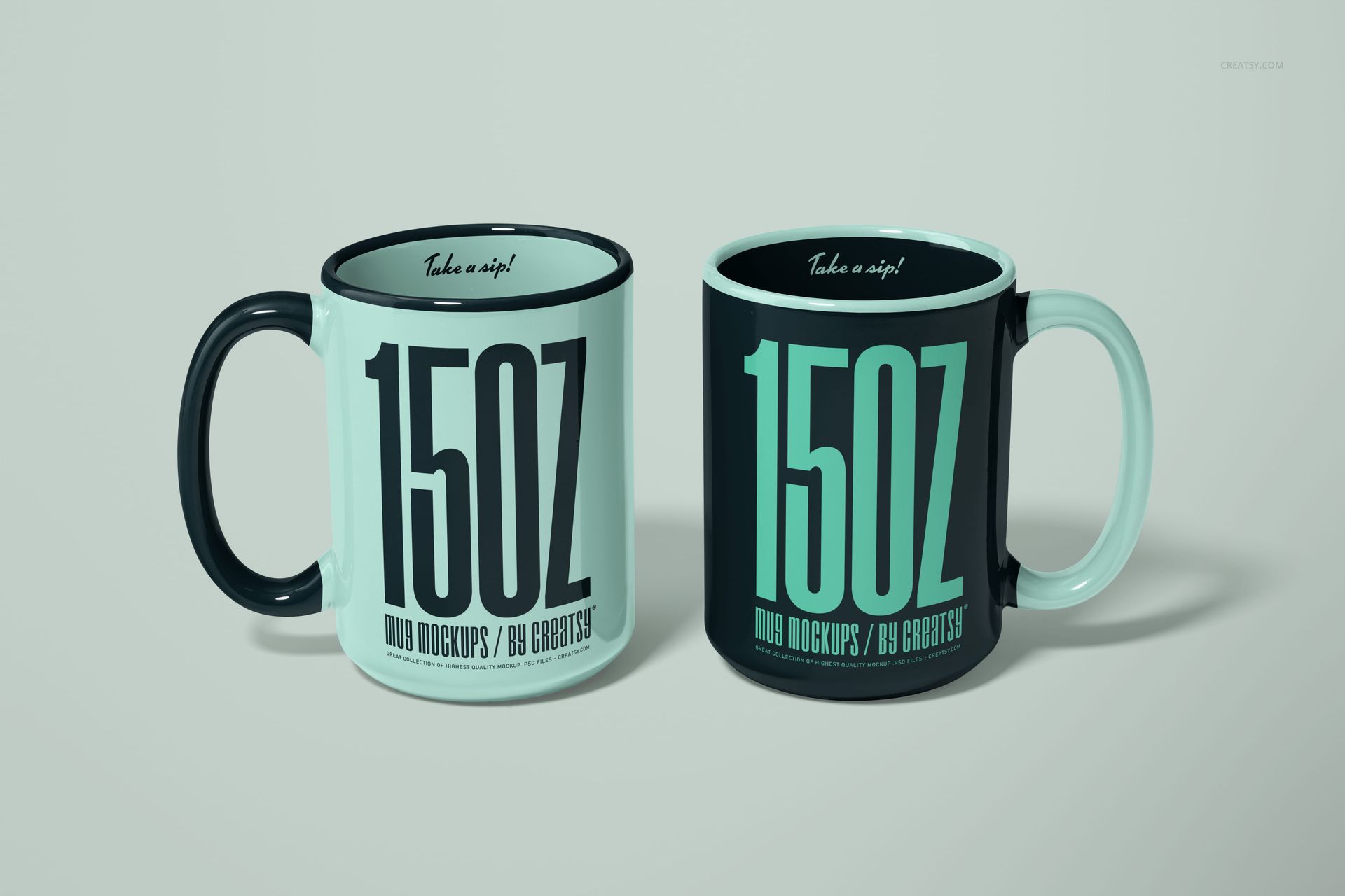 PSD mockup showing a pair of large mugs in mint and black, positioned together to highlight color and design differences.