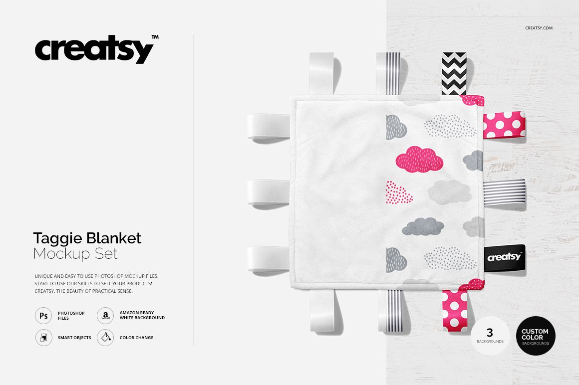 Taggie blanket mockup displayed flat on a white background, featuring pink and gray clouds and assorted ribbon tags.