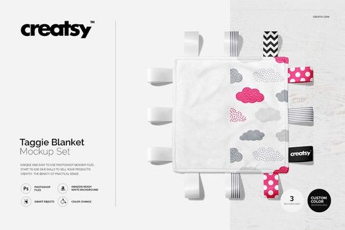 Taggie blanket mockup displayed flat on a white background, featuring pink and gray clouds and assorted ribbon tags.